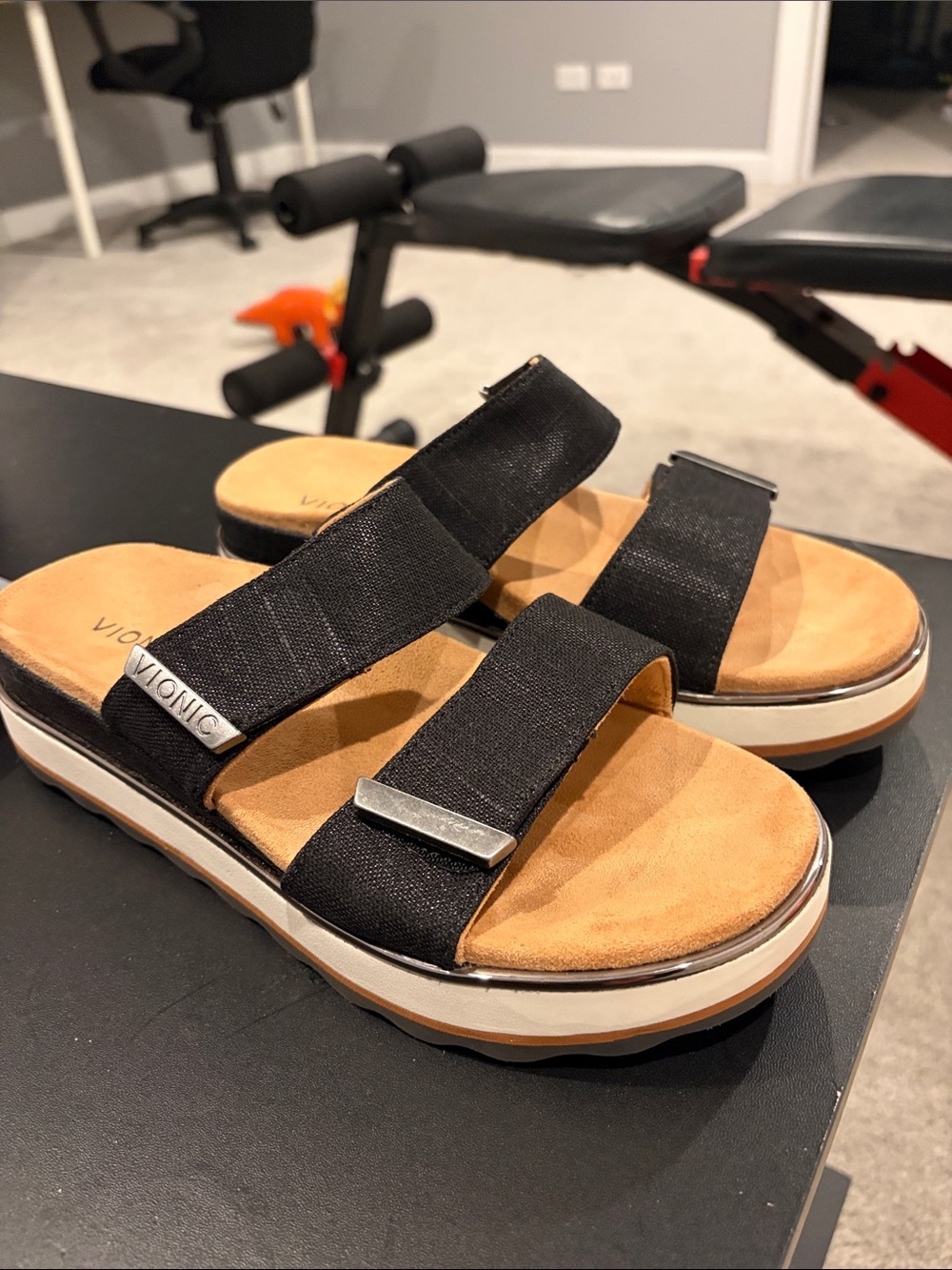 Vionic Black Dual-Strap Slide Sandals with Tan Footbed
